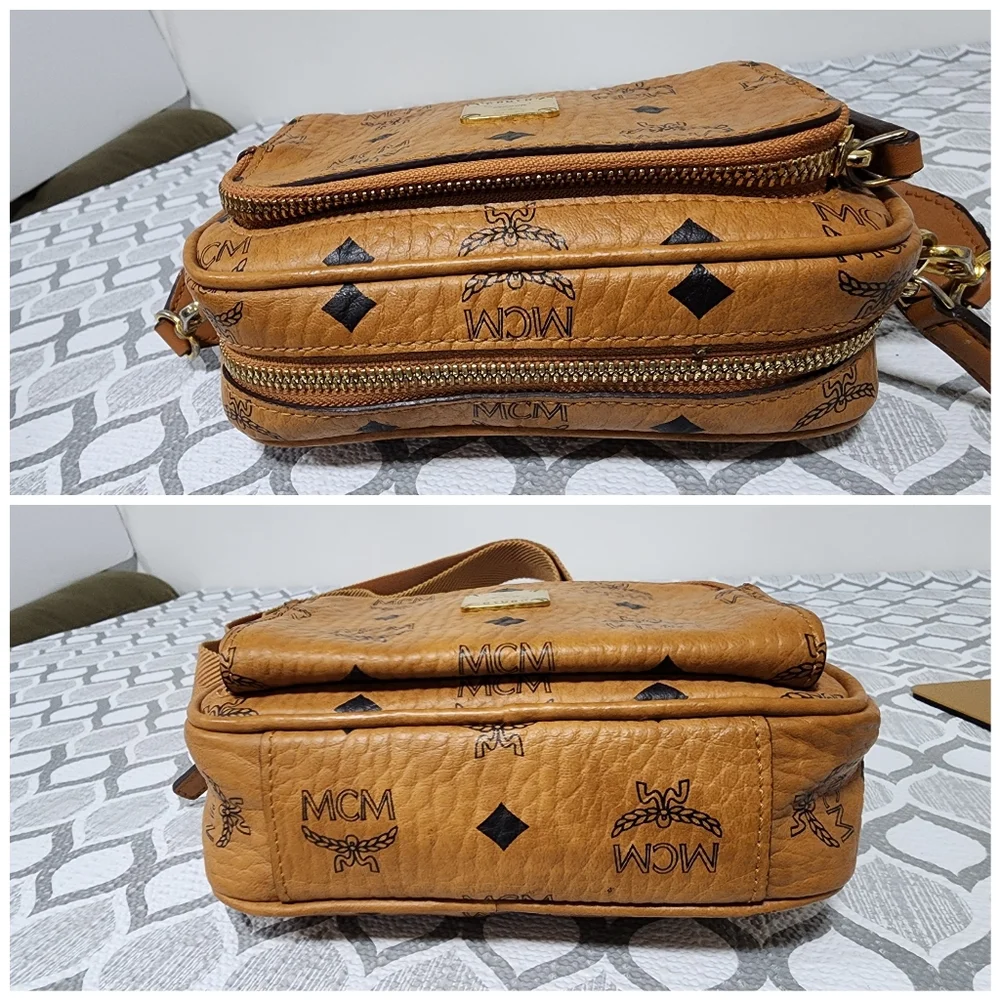 MCM Visetos Mini Leather Aren Crossbody Bag Brown